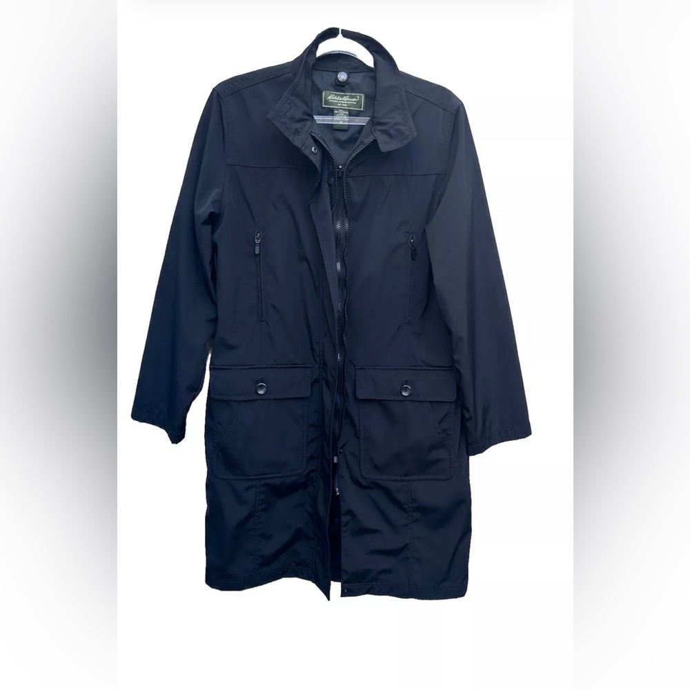 Eddie Bauer WOMENS Trench Jacket XS Black Full Zip Mid Length Rain Coat Utility
